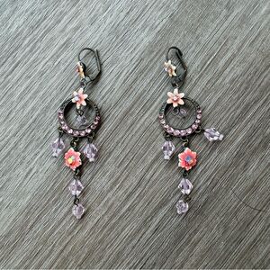 Pink Flower Dangle Earrings with Pink Rhinestone and Porcelain Flowers